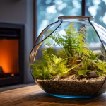 Winter terrarium by a fireplace with light shining on it