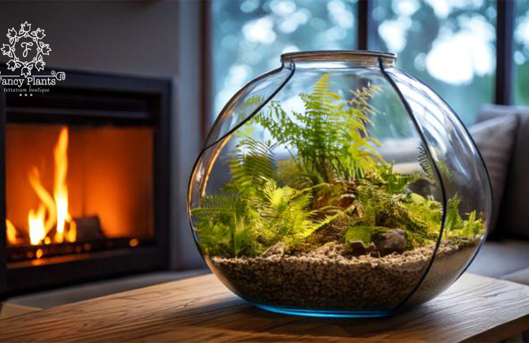 Winter terrarium by a fireplace with light shining on it