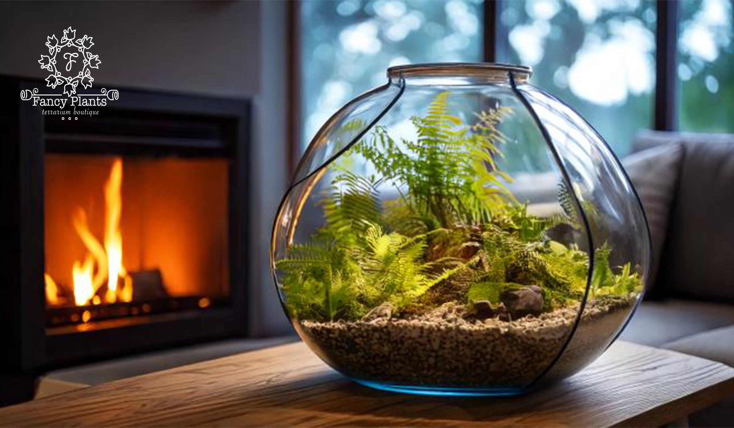 Winter terrarium by a fireplace with light shining on it